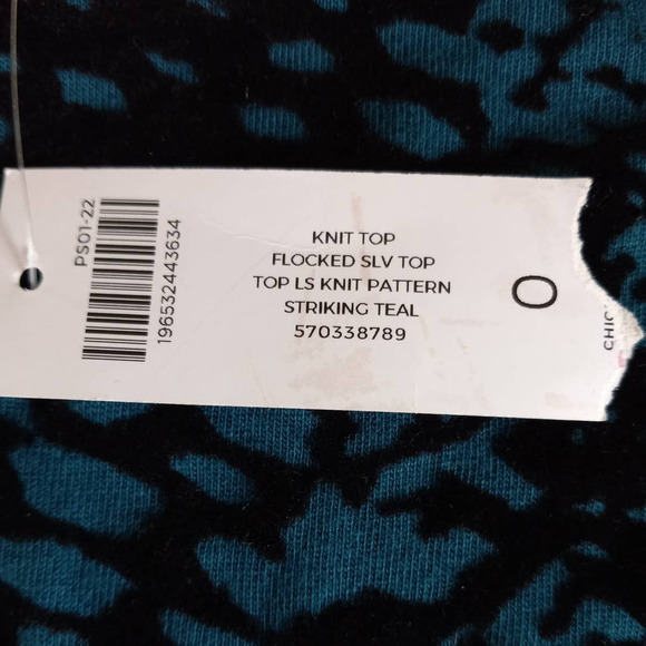 Chico's | Teal & Black Velvet Flocked Balloon Sleeve Knit Top - Picture 4 of 12